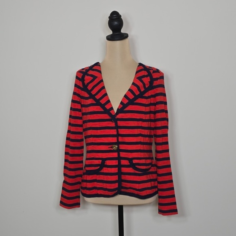 CAbi Revoir Yacht Club Red Navy Striped Blazer Jacket Gold Anchor Buttons Size M